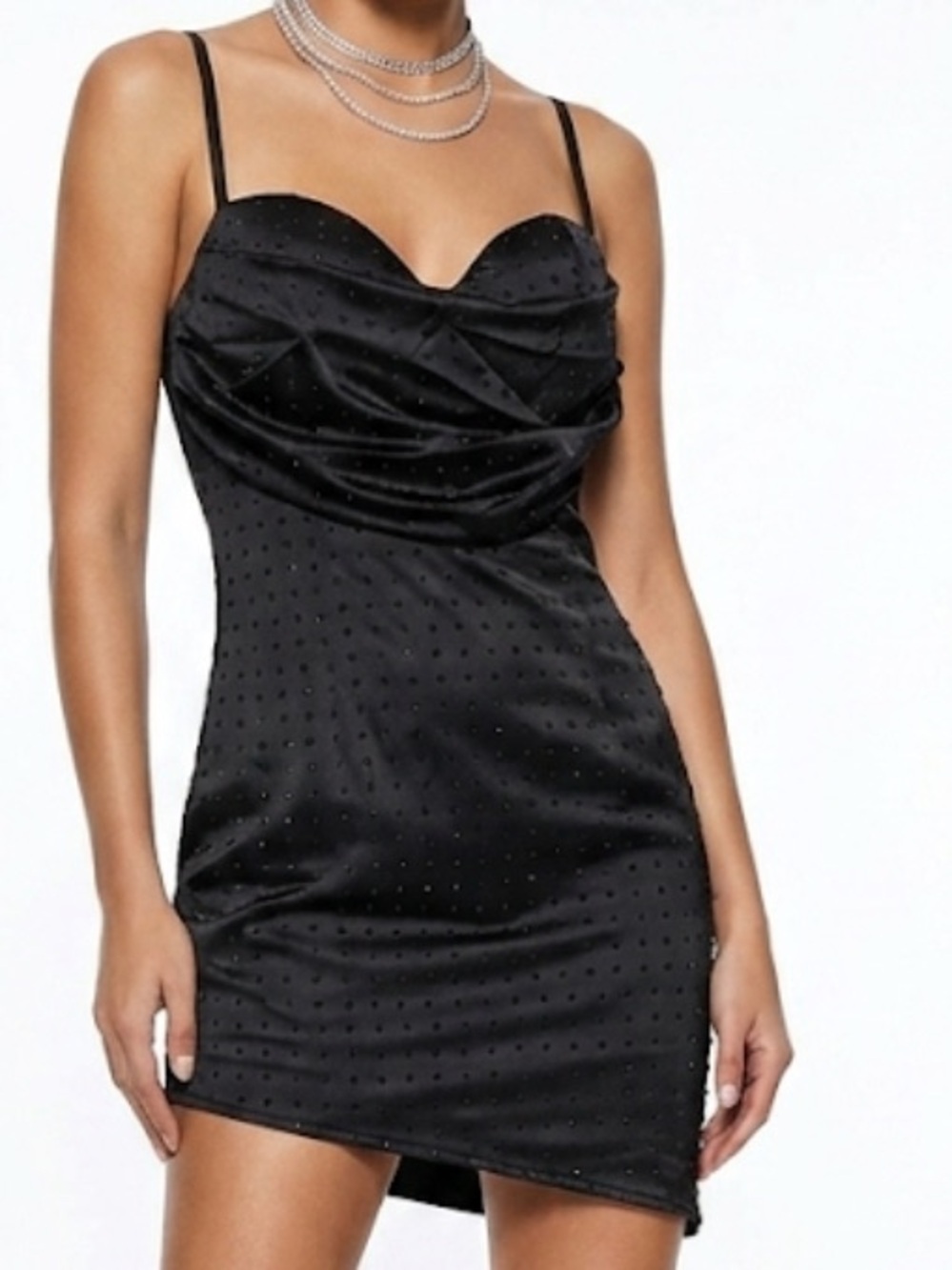 Banjul Black Satin Rhinestone Cowl Bust Asymmetrical Bodycon Mini Dress Size L
